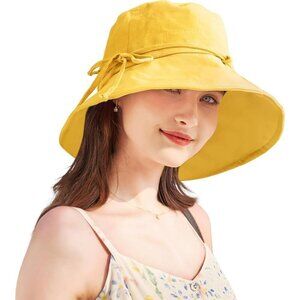 🆕Women Orange Yellow Polyester Wide Brim Sun Hat Bucket Hat Summer Beach